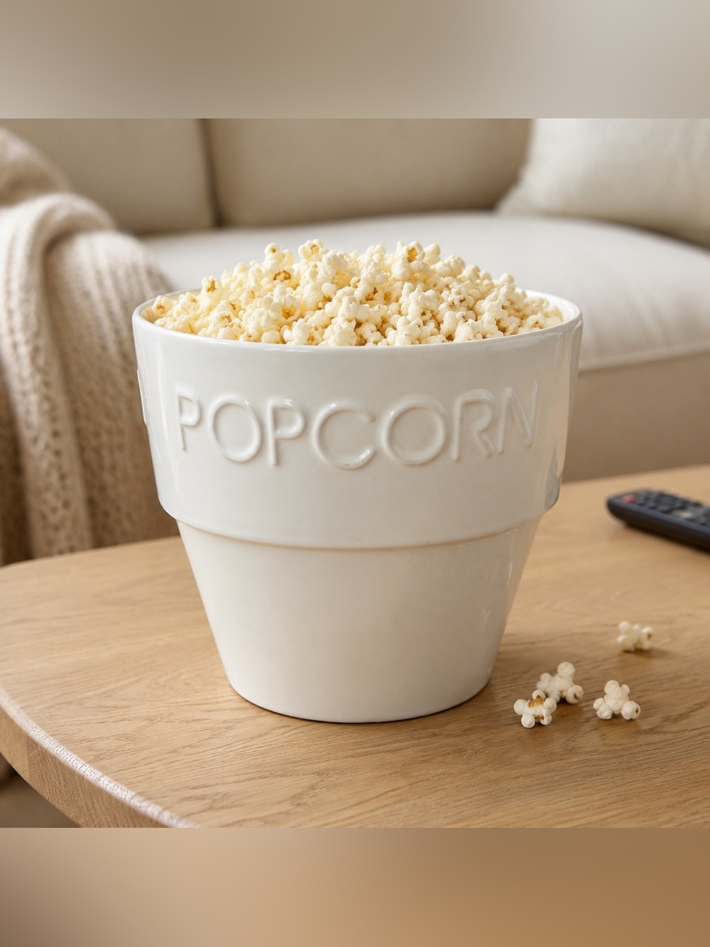 Crate & Barrel Large Popcorn Bowl Cream Ceramic Embossed Portugal Movie Night